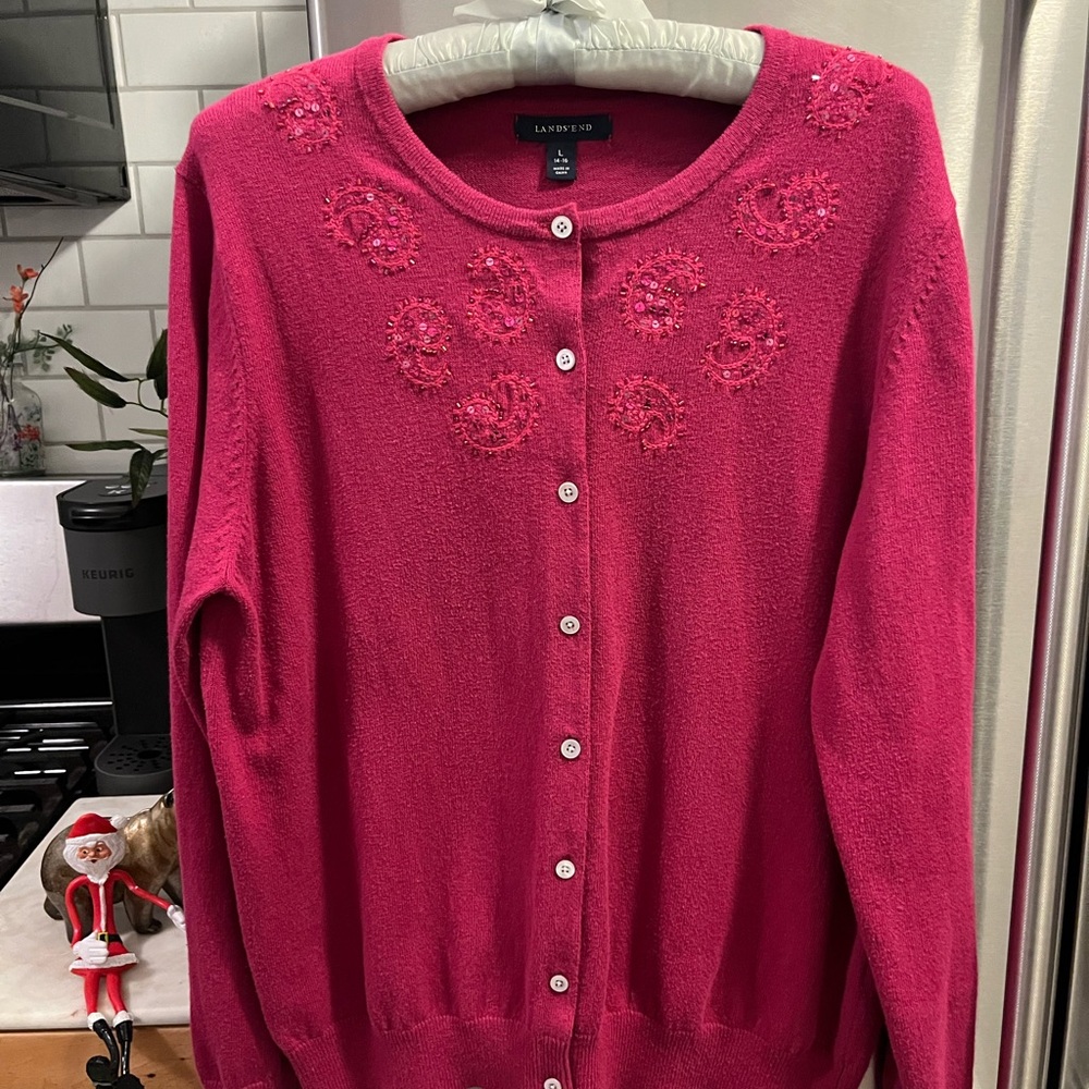 Lands' End Women's Fuchsia‎ Embroidered Cardigan, Size Large